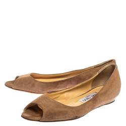 Pre Owned Jimmy Choo Beige Suede Leather Peep Toe Ballet Flats Size 36