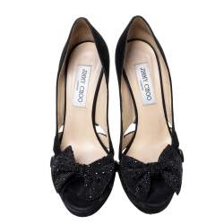 Jimmy Choo Black Suede Taja Crystal Embellished Bow Peep Toe Pumps Size 38