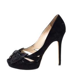  Jimmy Choo Black Suede Taja Crystal Embellished Bow Peep Toe Pumps Size 38