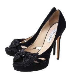 Jimmy Choo Black Suede Taja Crystal Embellished Bow Peep Toe Pumps Size 38