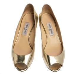 Pre Owned Jimmy Choo Gold Patent Leather Baxen Wedge Peep Toe Pumps Size 40