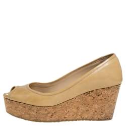 Pre Owned Jimmy Choo Beige Patent Leather Cork Wedge Papina Pumps Size 37