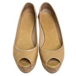 Pre Owned Jimmy Choo Beige Patent Leather Cork Wedge Papina Pumps Size 37