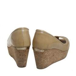 Pre Owned Jimmy Choo Beige Patent Leather Cork Wedge Papina Pumps Size 37