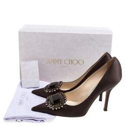 Pre Owned Jimmy Choo Dark Brown Satin Embellished Pointed Toe Pumps Size 40