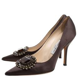 Pre Owned Jimmy Choo Dark Brown Satin Embellished Pointed Toe Pumps Size 40