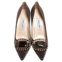 Pre Owned Jimmy Choo Dark Brown Satin Embellished Pointed Toe Pumps Size 40