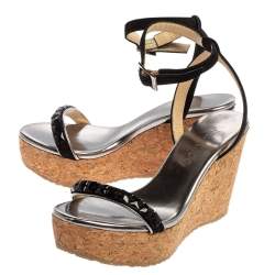 Pre Owned Jimmy Choo Black Suede Leather Natsby Embellished Cork Wedge Platform Ankle Strap Sandals Size 36