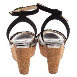 Pre Owned Jimmy Choo Black Suede Leather Natsby Embellished Cork Wedge Platform Ankle Strap Sandals Size 36