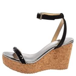 Pre Owned Jimmy Choo Black Suede Leather Natsby Embellished Cork Wedge Platform Ankle Strap Sandals Size 36