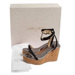 Pre Owned Jimmy Choo Black Suede Leather Natsby Embellished Cork Wedge Platform Ankle Strap Sandals Size 36