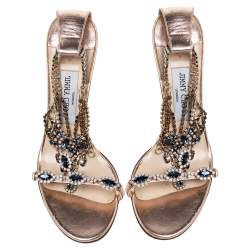 مملوكة مسبقًا صندل جيمى تشو مقدمة مفتوحة زخرفة كريستال وجلد ذهبى وردى مقاس 39