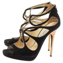 Pre Owned Jimmy Choo Black Suede Strappy Zipper Sandals Size 39.5
