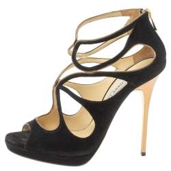Pre Owned Jimmy Choo Black Suede Strappy Zipper Sandals Size 39.5