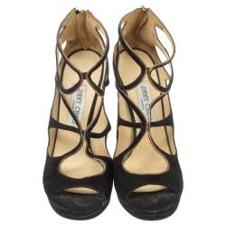 Pre Owned Jimmy Choo Black Suede Strappy Zipper Sandals Size 39.5