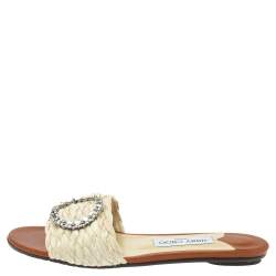 مملوكة مسبقًا Jimmy Choo Cream/Brown Raffia Granger Crystal Embellished Slides Size 38