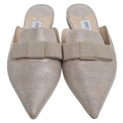Pre Owned Jimmy Choo Beige Metallic Canvas Galaxy Bow Flat Mules Size 38