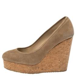 Pre Owned Jimmy Choo Beige Suede And Cork Wedge Platform Pumps Size 39