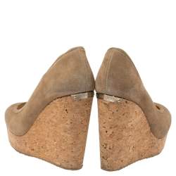 Pre Owned Jimmy Choo Beige Suede And Cork Wedge Platform Pumps Size 39