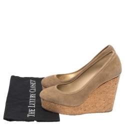 Pre Owned Jimmy Choo Beige Suede And Cork Wedge Platform Pumps Size 39