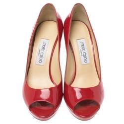 Pre Owned Jimmy Choo Red Patent Leather Luna Pee Toe Pumps Size 38