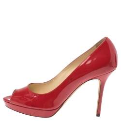Pre Owned Jimmy Choo Red Patent Leather Luna Pee Toe Pumps Size 38