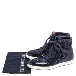 Pre Owned Jimmy Choo Blue/Black Leather and Suede Studded High Top  Sneakers Size 38
