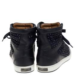 Pre Owned Jimmy Choo Blue/Black Leather and Suede Studded High Top  Sneakers Size 38