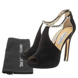 Pre Owned Jimmy Choo Black Suede Crystal Embellished Ankle Strap Peep Toe Sandals Size 40