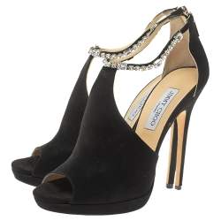 Pre Owned Jimmy Choo Black Suede Crystal Embellished Ankle Strap Peep Toe Sandals Size 40