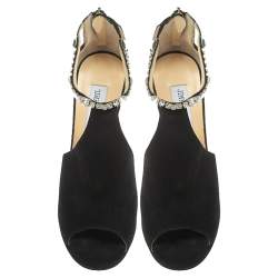Pre Owned Jimmy Choo Black Suede Crystal Embellished Ankle Strap Peep Toe Sandals Size 40