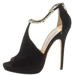 Pre Owned Jimmy Choo Black Suede Crystal Embellished Ankle Strap Peep Toe Sandals Size 40