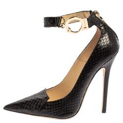 مملوكة مسبقًا حذاء كعب عالى جيمى تشو سيور كاحل ملتف حول الكاحل ديفوت جلد ثعبان أسود مقاس 37