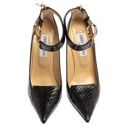 مملوكة مسبقًا حذاء كعب عالى جيمى تشو سيور كاحل ملتف حول الكاحل ديفوت جلد ثعبان أسود مقاس 37