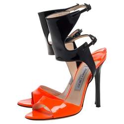 مملوكة مسبقًا Jimmy Choo Neon Orange And Black Patent Leather Loop Ankle Cuff Open Toe Sandals Size 38