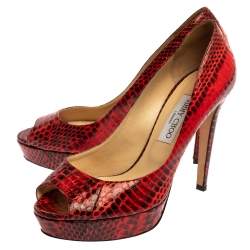 Pre Owned حذاء كعب عالي جيمي تشو داليا مقدمة مفتوحة جلد ثعبان أحمر و أسود مقاس 40
