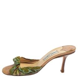 Jimmy Choo Multicolor Printed Satin Knot Slide Sandals Size 38