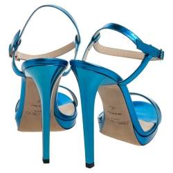 Pre Owned Jimmy Choo Metallic Blue Leather Claudette Ankle Strap Platform Sandals Size 40