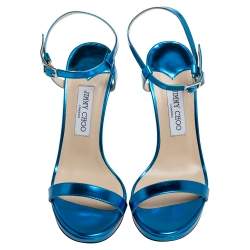 Pre Owned Jimmy Choo Metallic Blue Leather Claudette Ankle Strap Platform Sandals Size 40