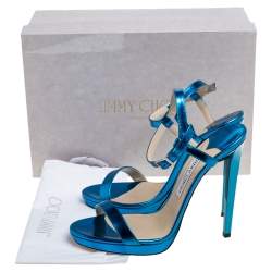 Pre Owned Jimmy Choo Metallic Blue Leather Claudette Ankle Strap Platform Sandals Size 40