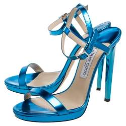 Pre Owned Jimmy Choo Metallic Blue Leather Claudette Ankle Strap Platform Sandals Size 40