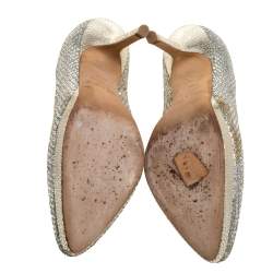 Pre Owned حذاء كعب عالى جيمى تشو نعل سميك هوب جلد نقش سحلية  وقماش غليتر فضى مقاس 35.5