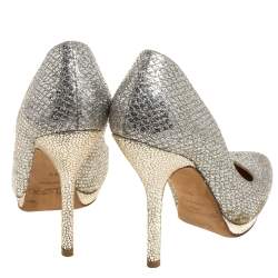 Pre Owned حذاء كعب عالى جيمى تشو نعل سميك هوب جلد نقش سحلية  وقماش غليتر فضى مقاس 35.5