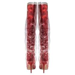 Pre Owned Jimmy Choo C/O Off-White Red Satin And PVC Elisabeth Knee Length Pointed Toe Boots Size 40