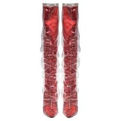 Pre Owned Jimmy Choo C/O Off-White Red Satin And PVC Elisabeth Knee Length Pointed Toe Boots Size 40