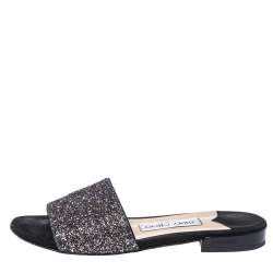 Pre Owned Jimmy Choo Black Twilight Glitter Fabric Joni Slide Flats Size 36
