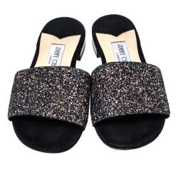 Pre Owned Jimmy Choo Black Twilight Glitter Fabric Joni Slide Flats Size 36