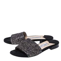 Pre Owned Jimmy Choo Black Twilight Glitter Fabric Joni Slide Flats Size 36