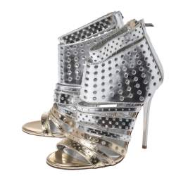 Pre Owned Jimmy Choo Silver Foil Leather Malika Perforated Sandals Size 38