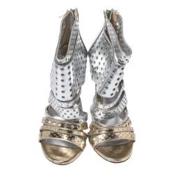 Pre Owned Jimmy Choo Silver Foil Leather Malika Perforated Sandals Size 38